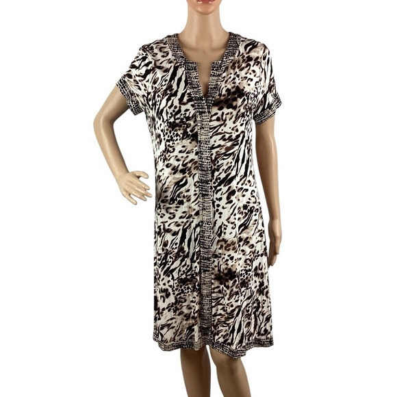 Calvin Klein Animal Print V-Neck Stretch Shift Dress Brown Black M - Picture 1 of 7